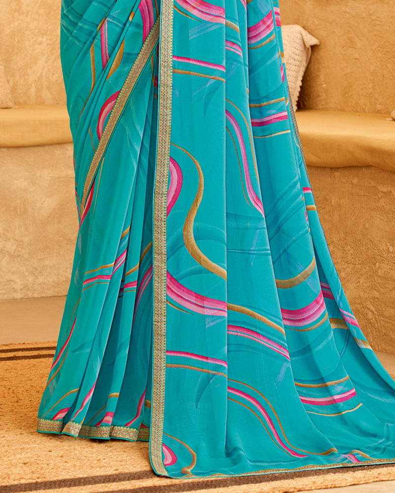 Vishal Prints Dark Turquoise Blue Printed Georgette Saree With Fancy Border