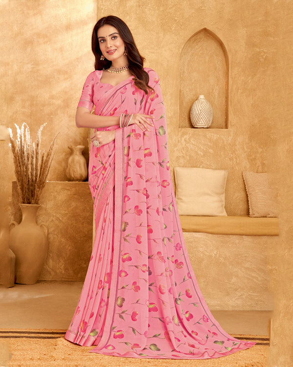 Vishal Prints Pink Printed Georgette Saree With Fancy Border