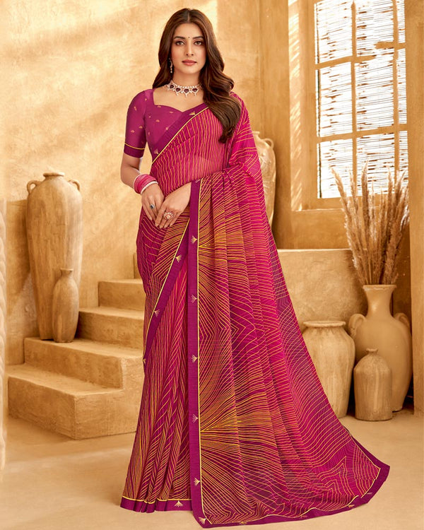 Vishal Prints Dark Fuchsia Printed Georgette Saree With Fancy Border