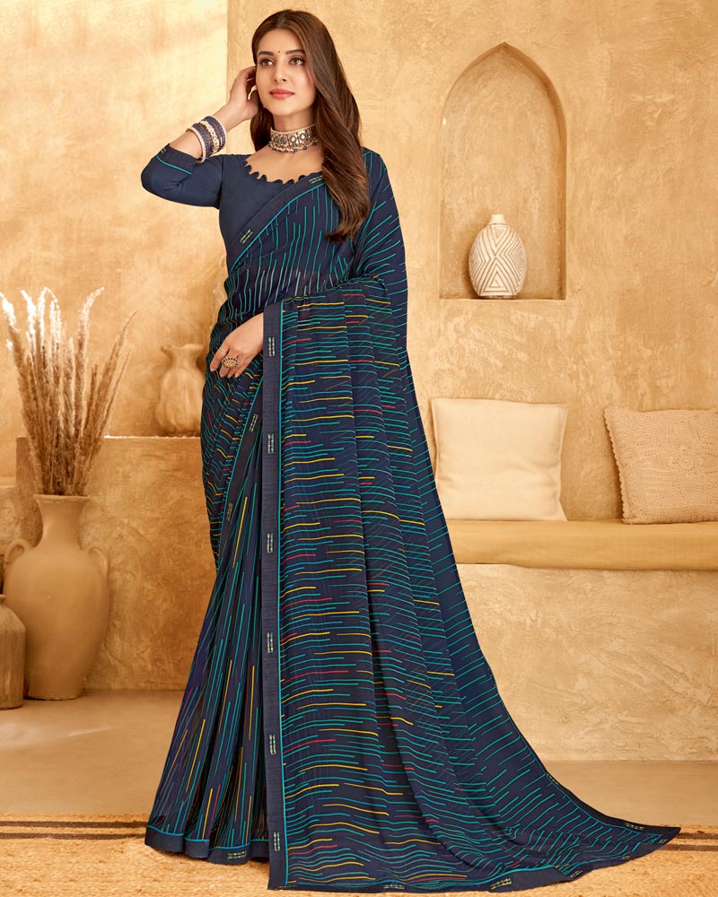 Vishal Prints Dark Navy Blue Printed Georgette Saree With Fancy Border