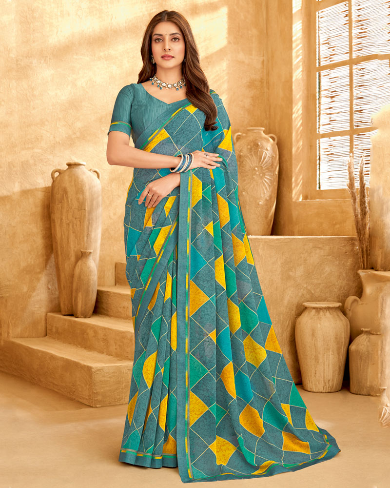 Vishal Prints Teal Green Printed Georgette Saree With Fancy Border