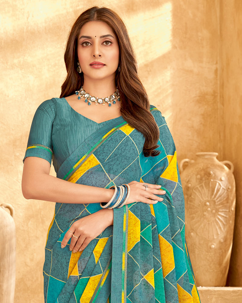 Vishal Prints Teal Green Printed Georgette Saree With Fancy Border