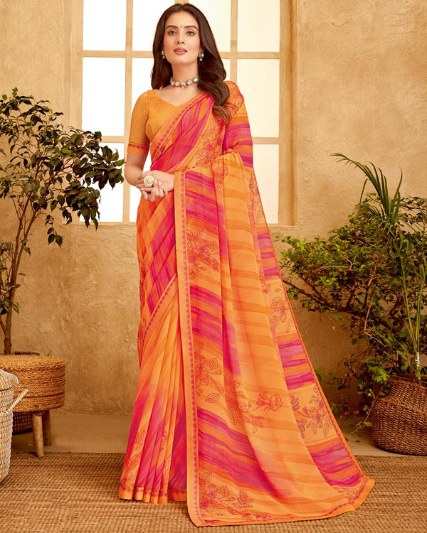 Vishal Prints Saffron Color Printed Georgette Saree With Fancy Border