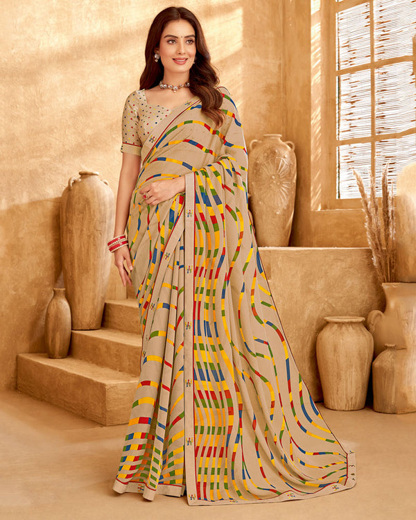 Vishal Prints Pastel Brown Printed Georgette Saree With Fancy Border