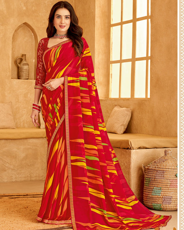 Vishal Prints Cherry Red Printed Georgette Saree With Fancy Border