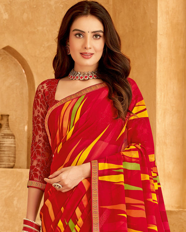 Vishal Prints Cherry Red Printed Georgette Saree With Fancy Border