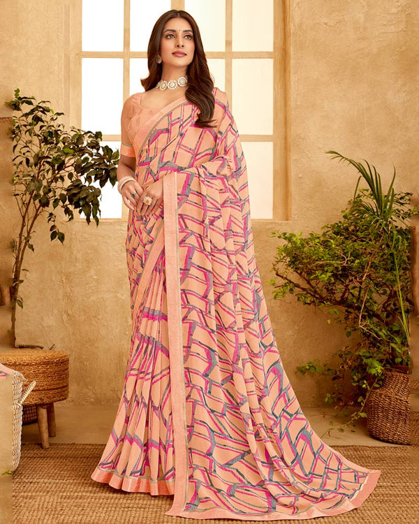 Vishal Prints Peach Printed Georgette Saree With Fancy Border