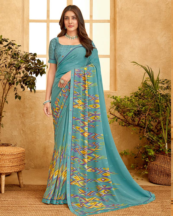 Vishal Prints Pastel Teal Blue Printed Georgette Saree With Fancy Border