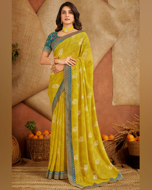 Vishal Prints Olive Yellow Printed Georgette Saree With Foil Print And Zari Border