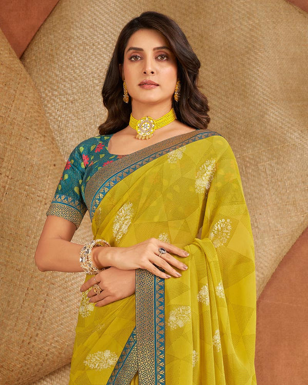 Vishal Prints Olive Yellow Printed Georgette Saree With Foil Print And Zari Border