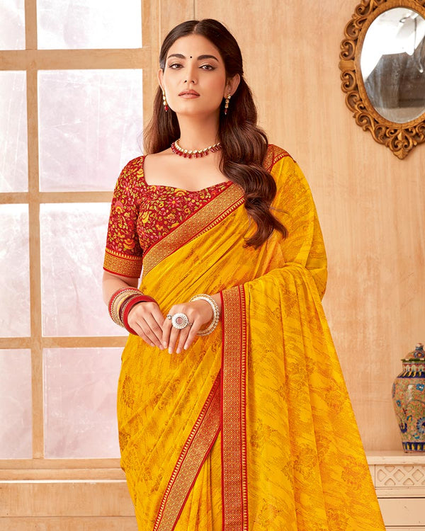 Vishal Prints Golden Yellow Printed Georgette Saree With Foil Print And Zari Border