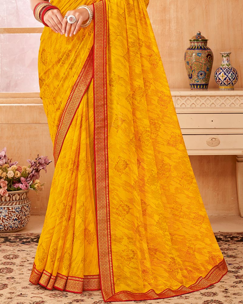 Vishal Prints Golden Yellow Printed Georgette Saree With Foil Print And Zari Border