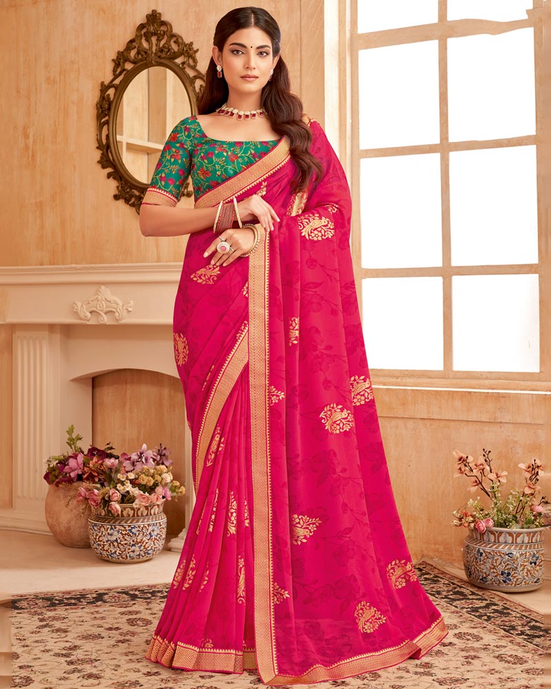 Vishal Prints Red Pink Printed Georgette Saree With Foil Print And Zari Border