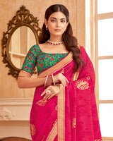 Vishal Prints Red Pink Printed Georgette Saree With Foil Print And Zari Border