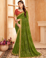 Vishal Prints Dark Olive Green Printed Georgette Saree With Foil Print And Zari Border