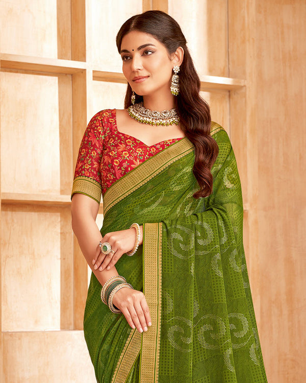 Vishal Prints Dark Olive Green Printed Georgette Saree With Foil Print And Zari Border