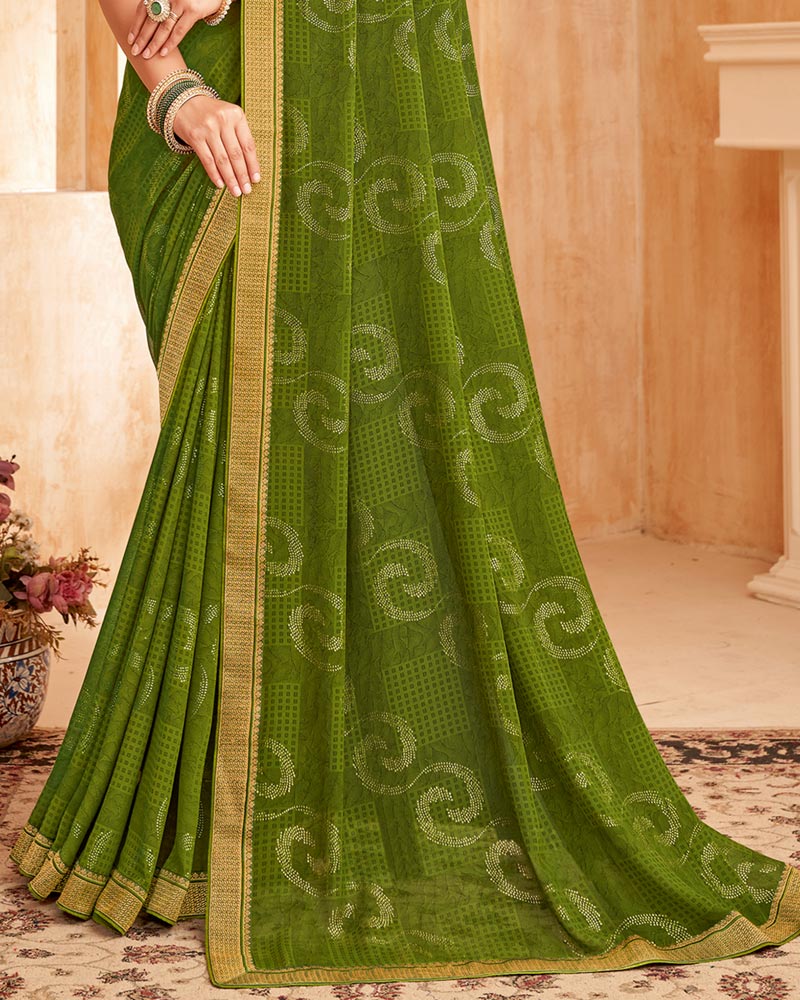 Vishal Prints Dark Olive Green Printed Georgette Saree With Foil Print And Zari Border