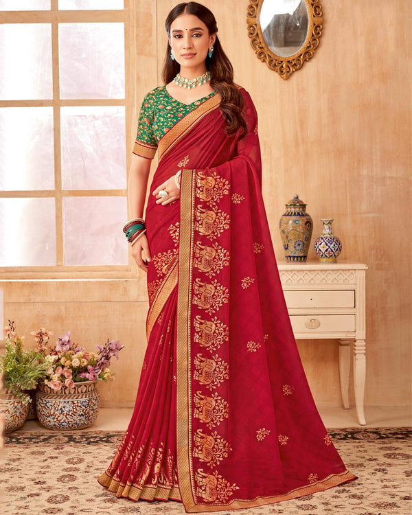 Vishal Prints Dark Red Printed Georgette Saree With Foil Print And Zari Border