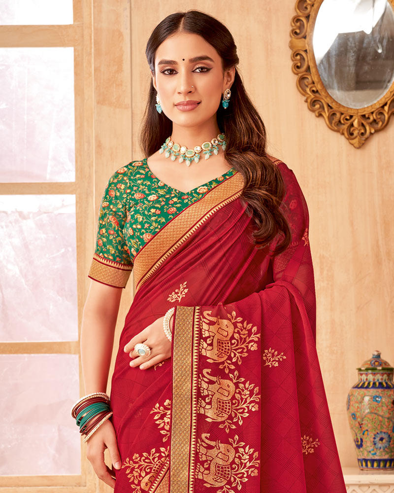 Vishal Prints Dark Red Printed Georgette Saree With Foil Print And Zari Border