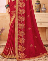 Vishal Prints Dark Red Printed Georgette Saree With Foil Print And Zari Border