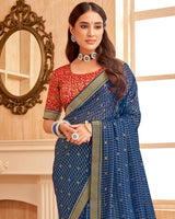 Vishal Prints Ink Blue Printed Georgette Saree With Foil Print And Zari Border