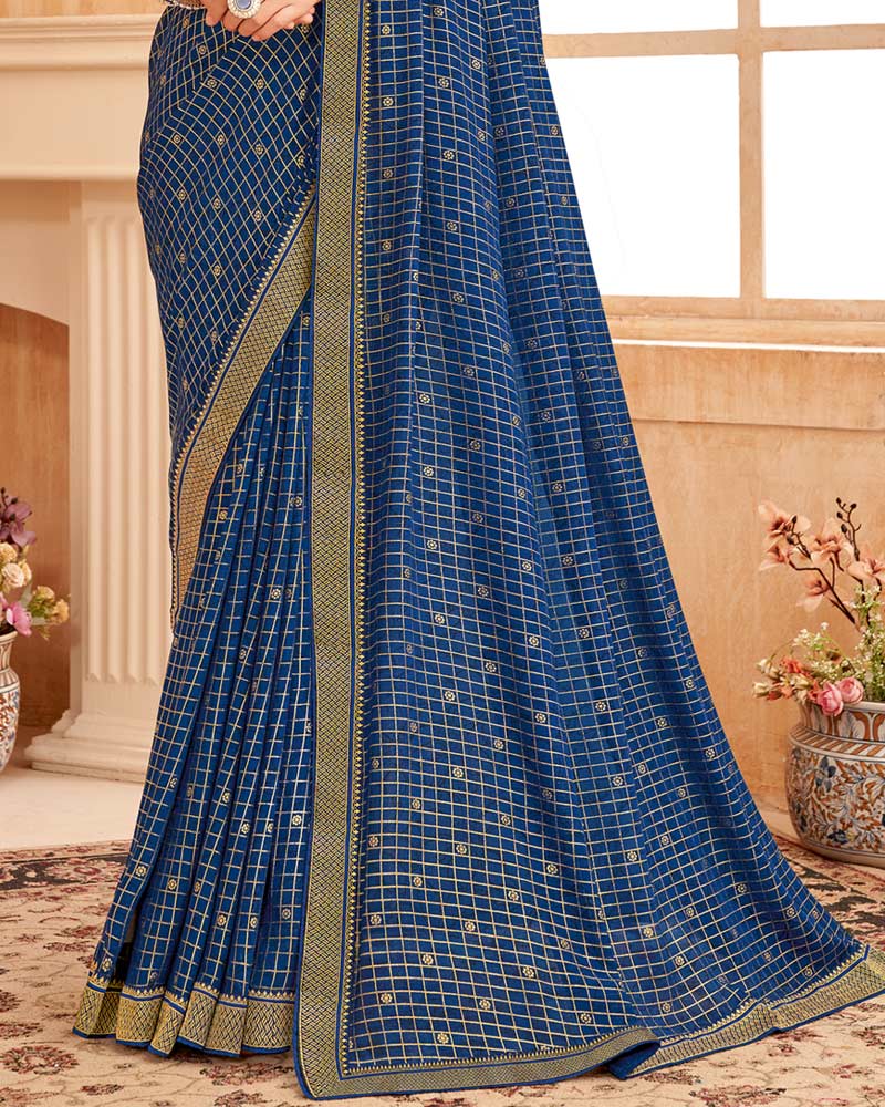 Vishal Prints Ink Blue Printed Georgette Saree With Foil Print And Zari Border