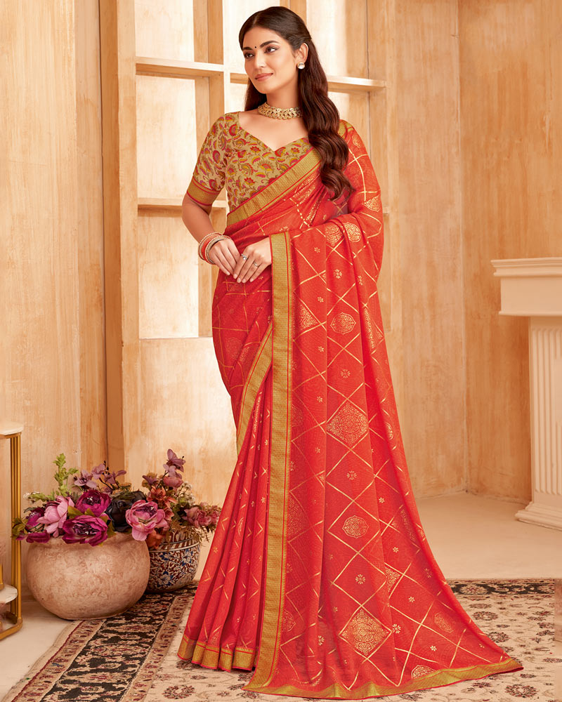 Vishal Prints Dark Orange Printed Georgette Saree With Foil Print And Zari Border