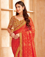 Vishal Prints Dark Orange Printed Georgette Saree With Foil Print And Zari Border