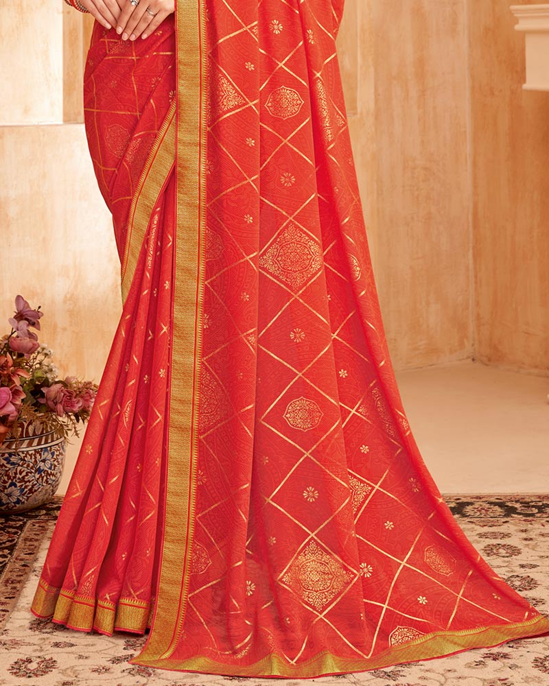 Vishal Prints Dark Orange Printed Georgette Saree With Foil Print And Zari Border