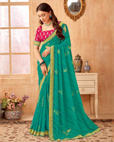 Vishal Prints Aqua Green Printed Georgette Saree With Foil Print And Zari Border