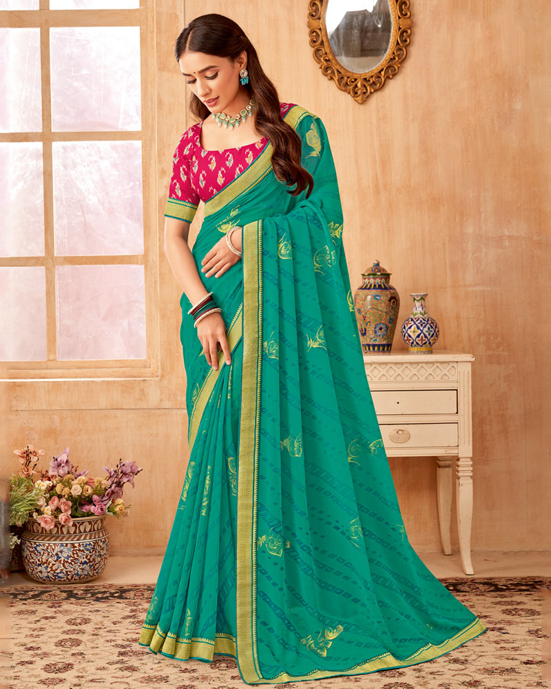 Vishal Prints Aqua Green Printed Georgette Saree With Foil Print And Zari Border