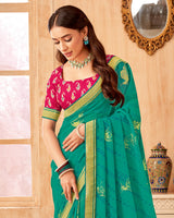 Vishal Prints Aqua Green Printed Georgette Saree With Foil Print And Zari Border