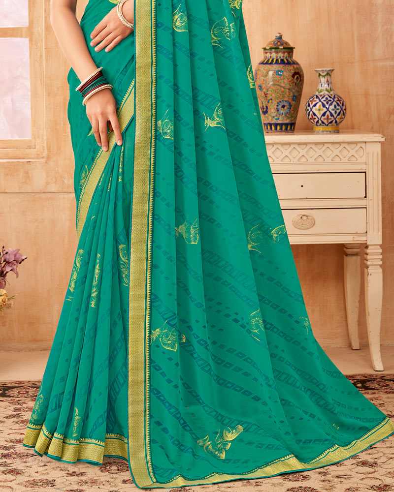 Vishal Prints Aqua Green Printed Georgette Saree With Foil Print And Zari Border