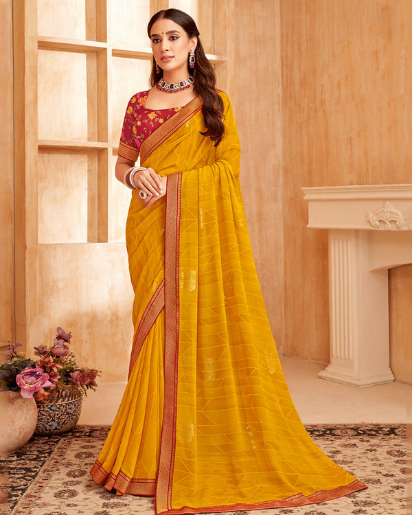 Vishal Prints Mustard Printed Georgette Saree With Foil Print And Zari Border