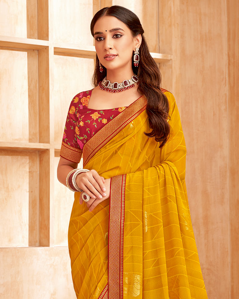 Vishal Prints Mustard Printed Georgette Saree With Foil Print And Zari Border