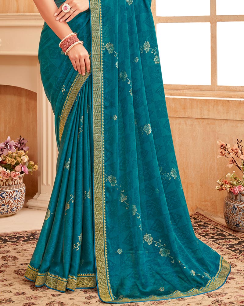 Vishal Prints Dark Teal Blue Printed Chiffon Saree With Foil Print And Zari Border