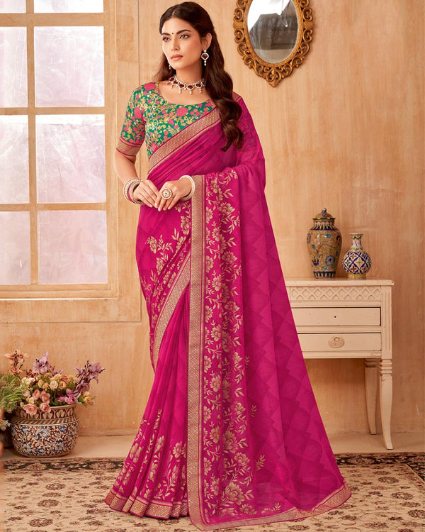 Vishal Prints Rani Pink Printed Georgette Saree With Foil Print And Zari Border