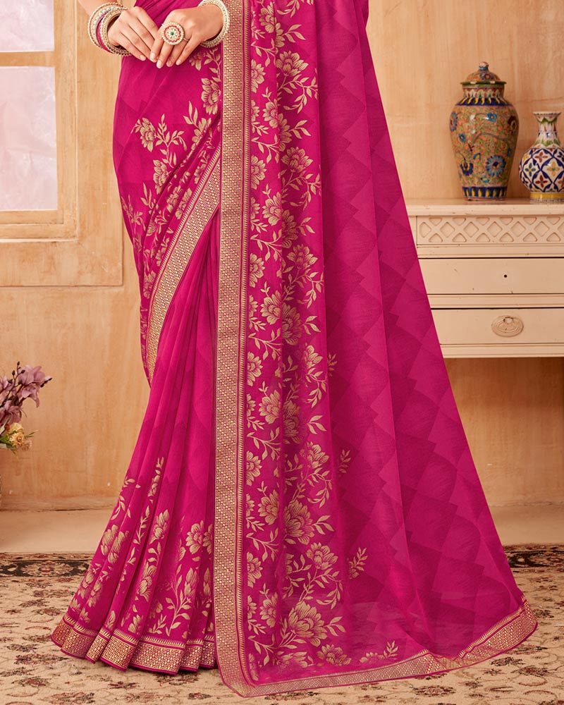 Vishal Prints Rani Pink Printed Georgette Saree With Foil Print And Zari Border