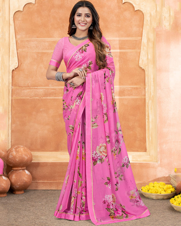 Vishal Prints Brilliant Rose Digital Print Georgette Saree With Satin Border