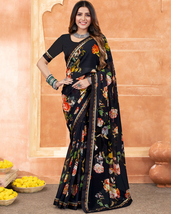 Vishal Prints Black Digital Print Georgette Saree With Satin Border