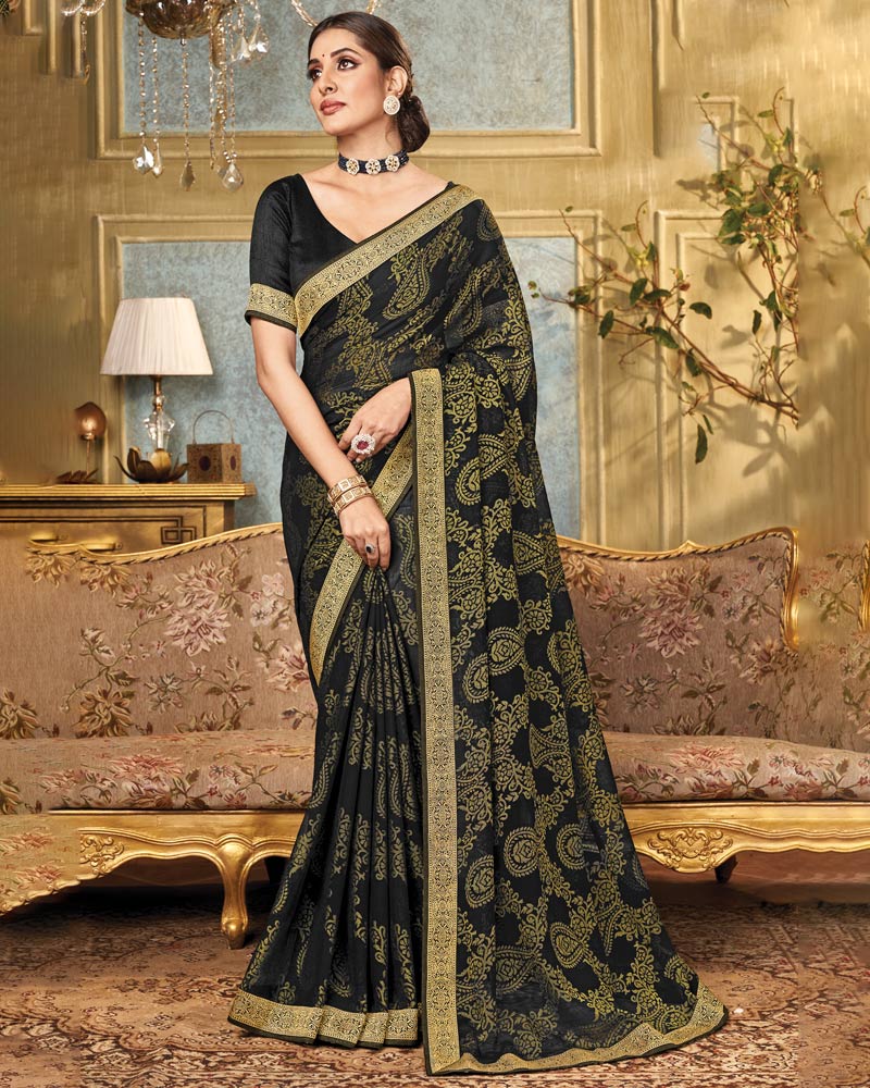 Vishal Prints Black Brasso Saree With Zari Border