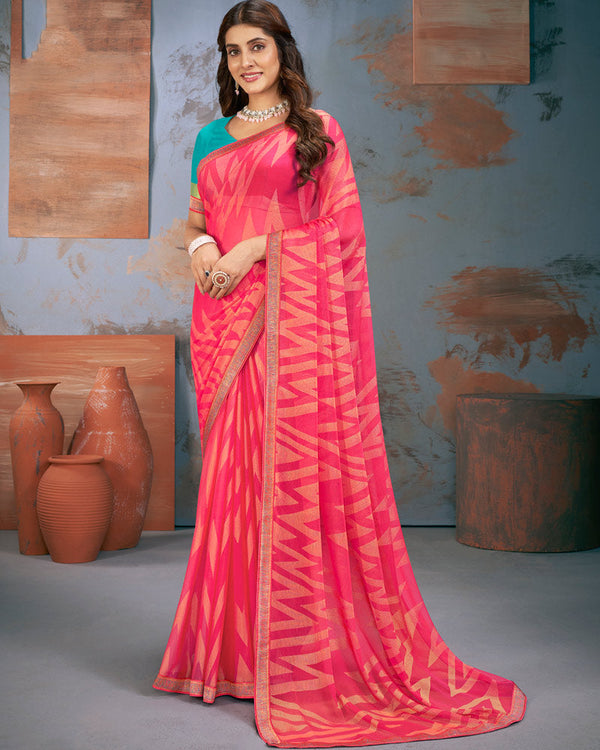 Vishal Prints Water Melon Pink Designer Brasso Saree With Zari Border