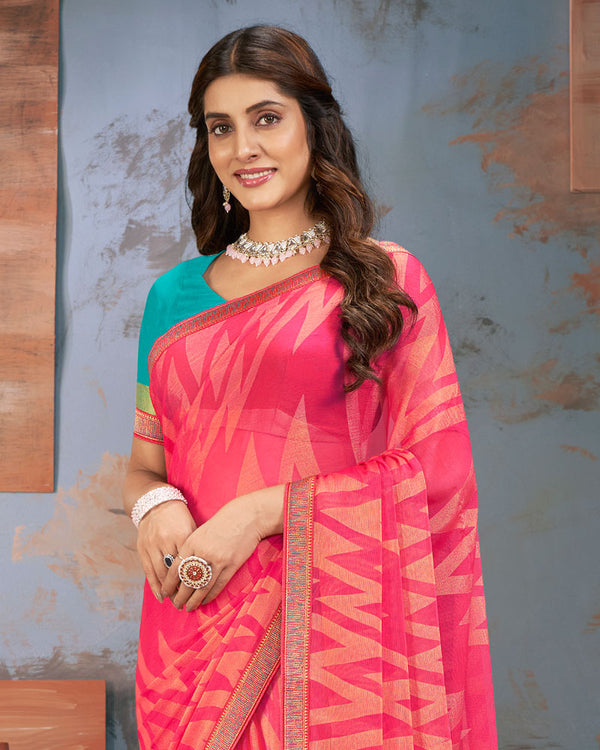 Vishal Prints Water Melon Pink Designer Brasso Saree With Zari Border