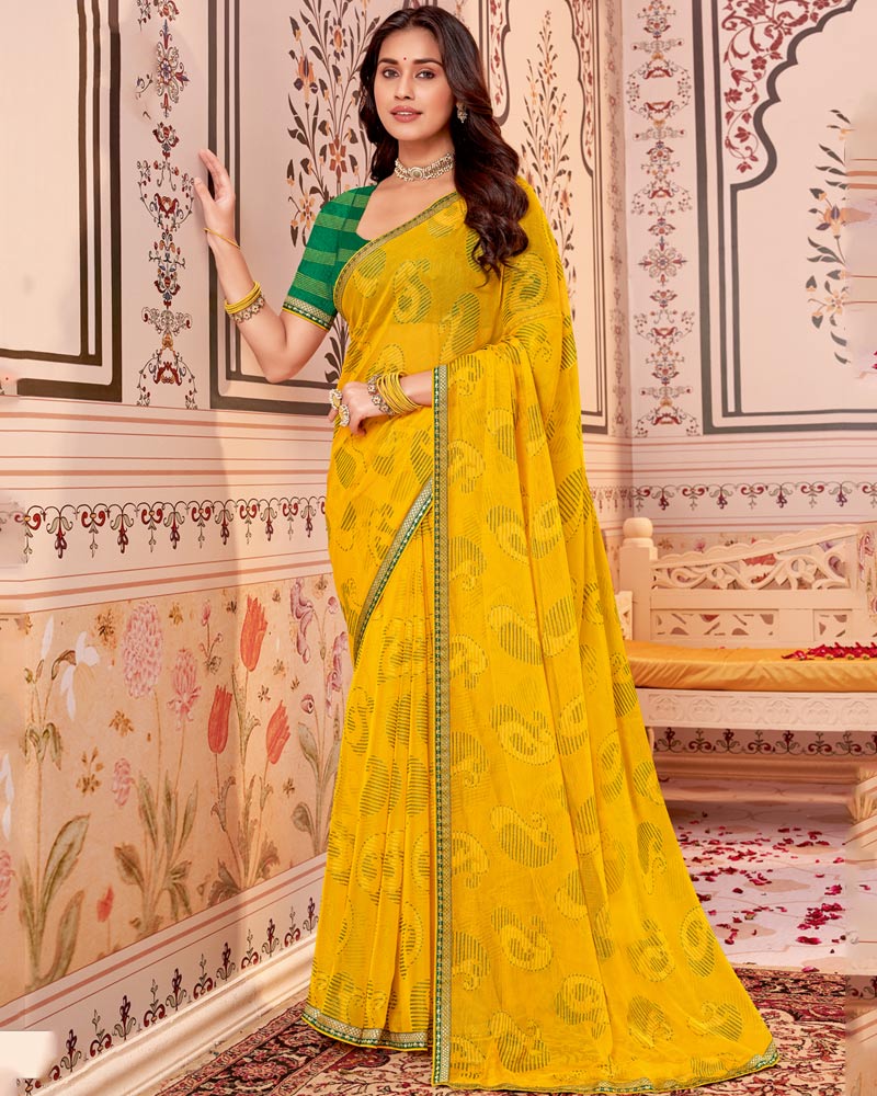 Vishal Prints Golden Yellow Designer Brasso Saree With Zari Border