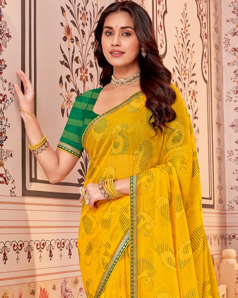 Vishal Prints Golden Yellow Designer Brasso Saree With Zari Border