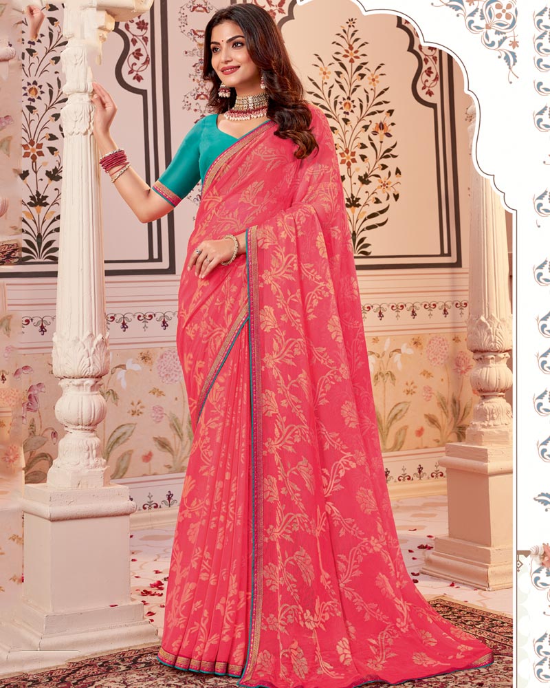 Vishal Prints Pastel Red Designer Brasso Saree With Zari Border