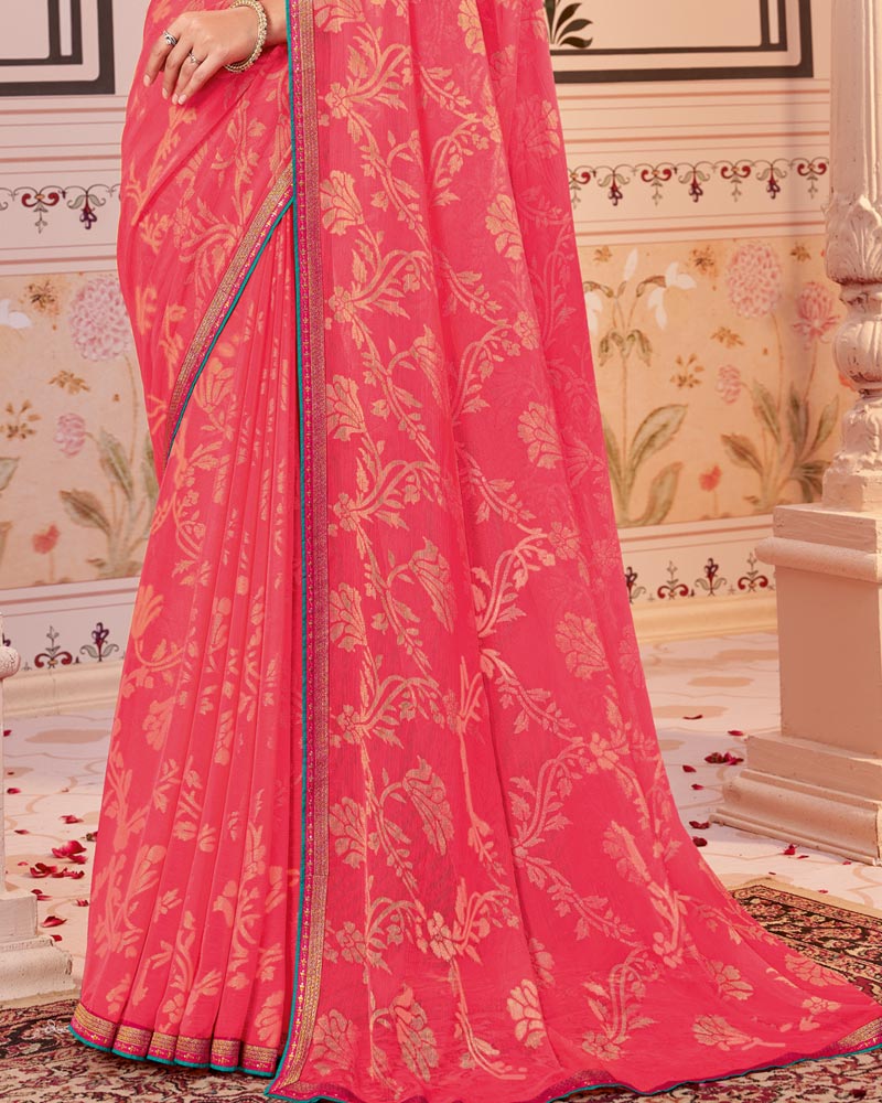 Vishal Prints Pastel Red Designer Brasso Saree With Zari Border