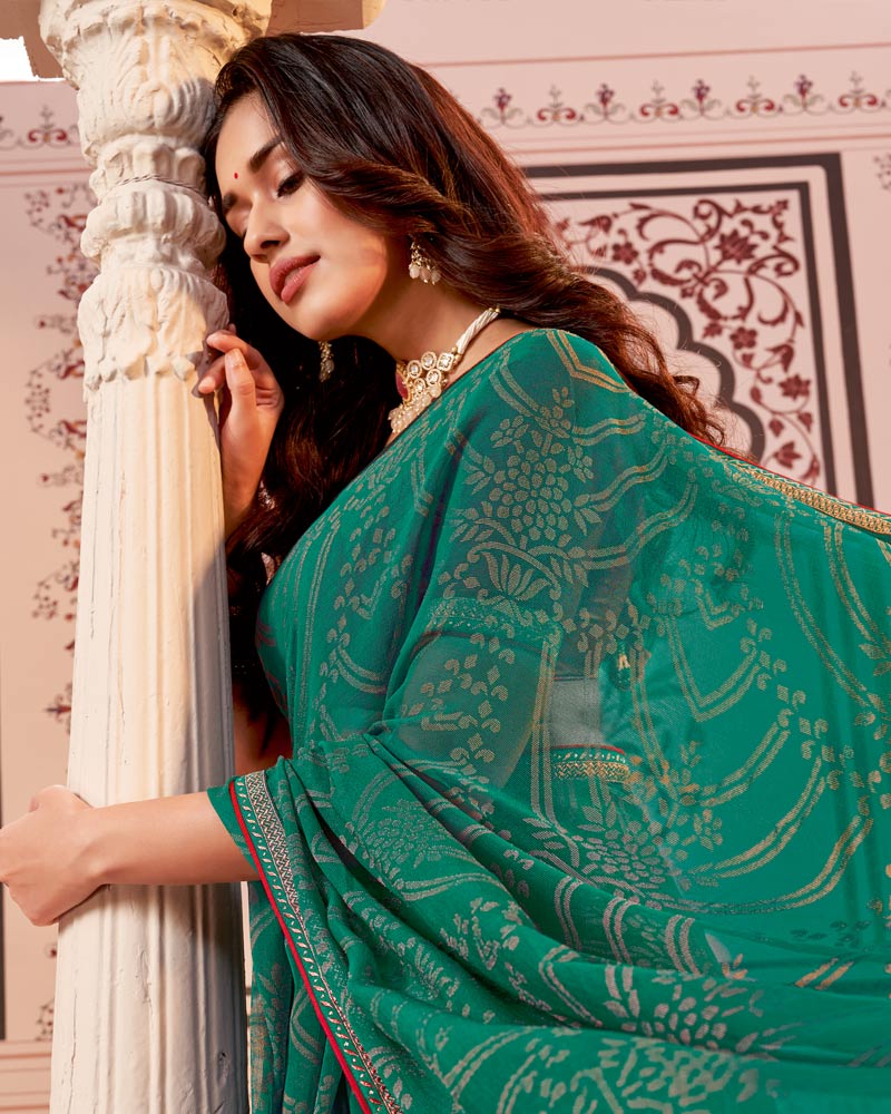 Vishal Prints Rama Green Designer Brasso Saree With Zari Border