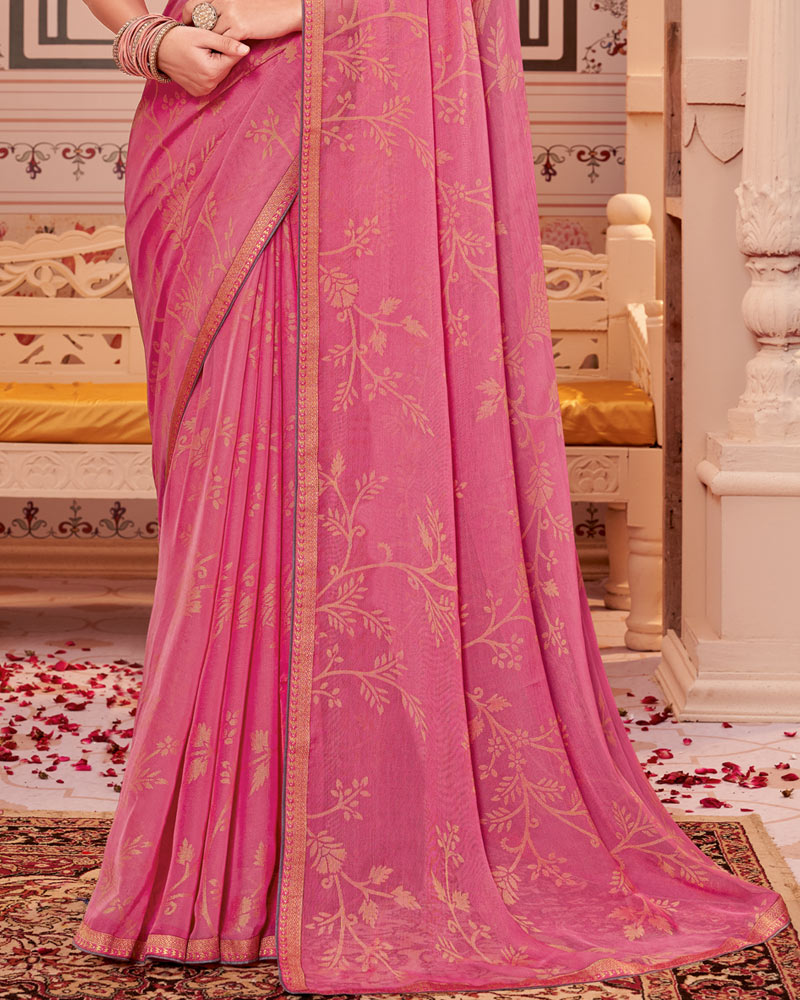 Vishal Prints Cherry Pink Designer Brasso Saree With Zari Border