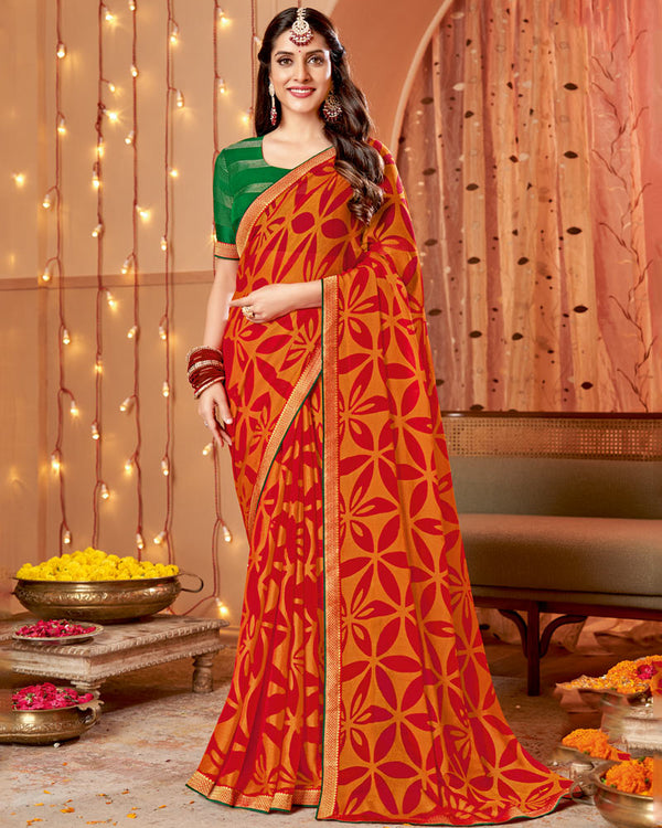 Vishal Prints Orange Dyed Chiffon-Brasso Saree With Zari Border